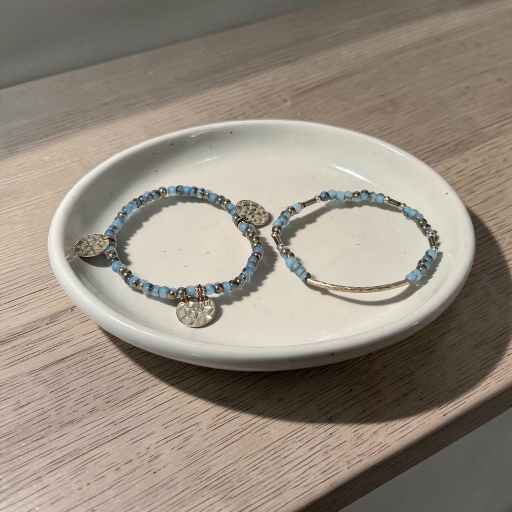 Handmade Set Of Two Blue And Gold Seed Bead Bracelets